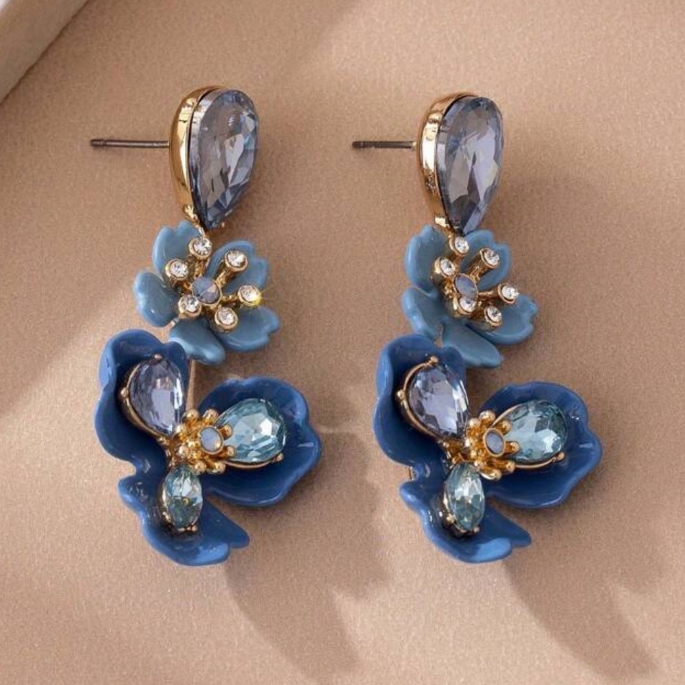 Anthropologie Blue and Gold Floral Earrings - Picture 2 of 5